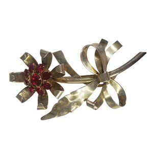 Art Deco Sterling Silver Red Glass Stone Retro Flower Lapel Pin Vintage 1940s
